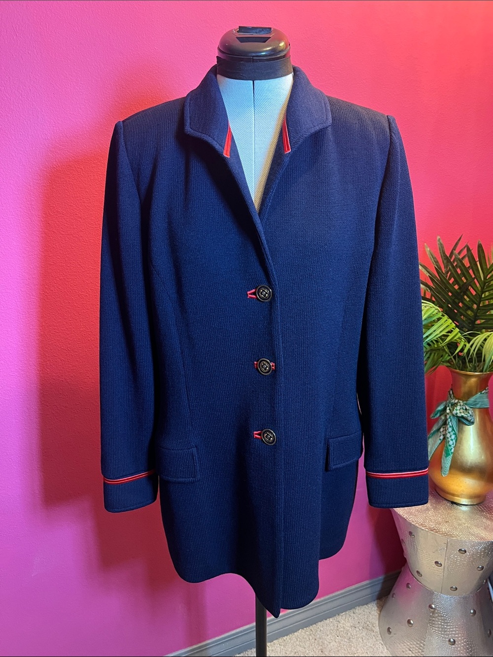 St. John Navy Knit Blazer and Pants Suit Set with Red Trim